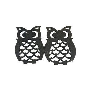 Vintage Cast Iron Owl Trivets set of 2 Miniature Hot Plate 4" Wide Eyed Boho